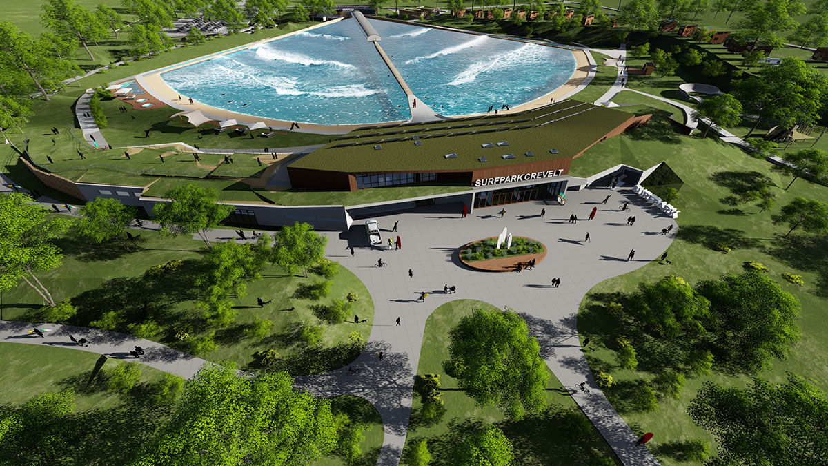 Eine aktuelle Animation zeigt, wie sich der Surfpark am Elfrather See harmonisch in die Landschaft einfügen soll. Animation: Kauth & Von Buch Architekten Eine aktuelle Animation zeigt, wie sich der Surfpark am Elfrather See harmonisch in die Landschaft einfügen soll. Animation: Kauth & Von Buch Architekten